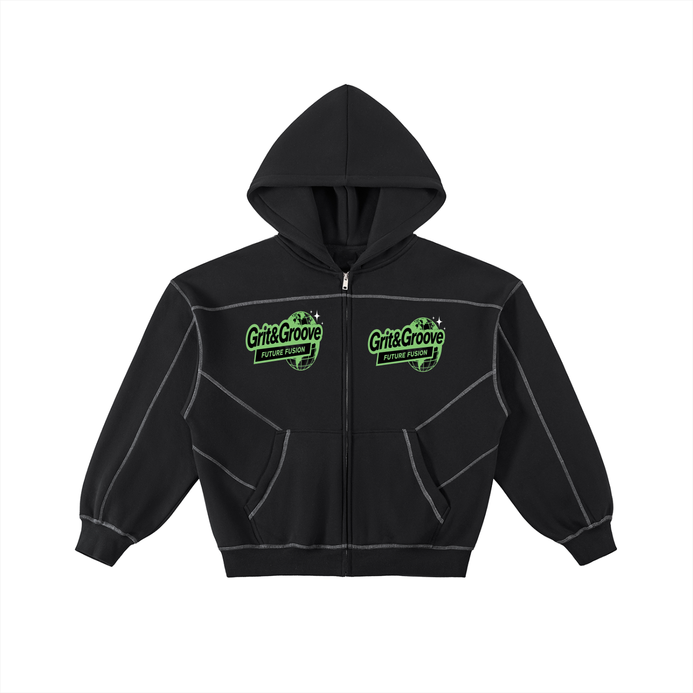 Contrast-Stitched Boxy Fleece Zip Hoodie