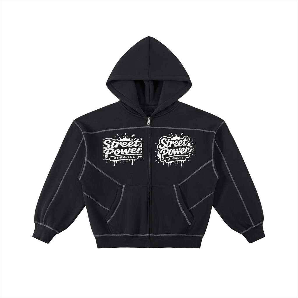 Contrast-Stitched Boxy Fleece Zip Hoodie