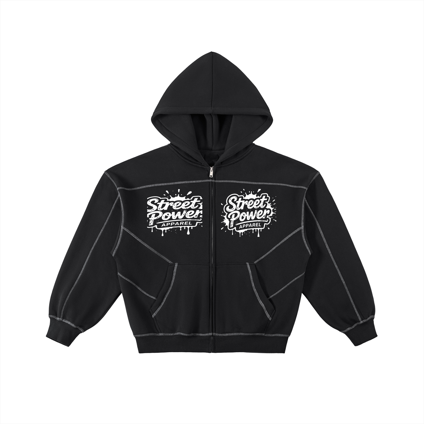 Contrast-Stitched Boxy Fleece Zip Hoodie