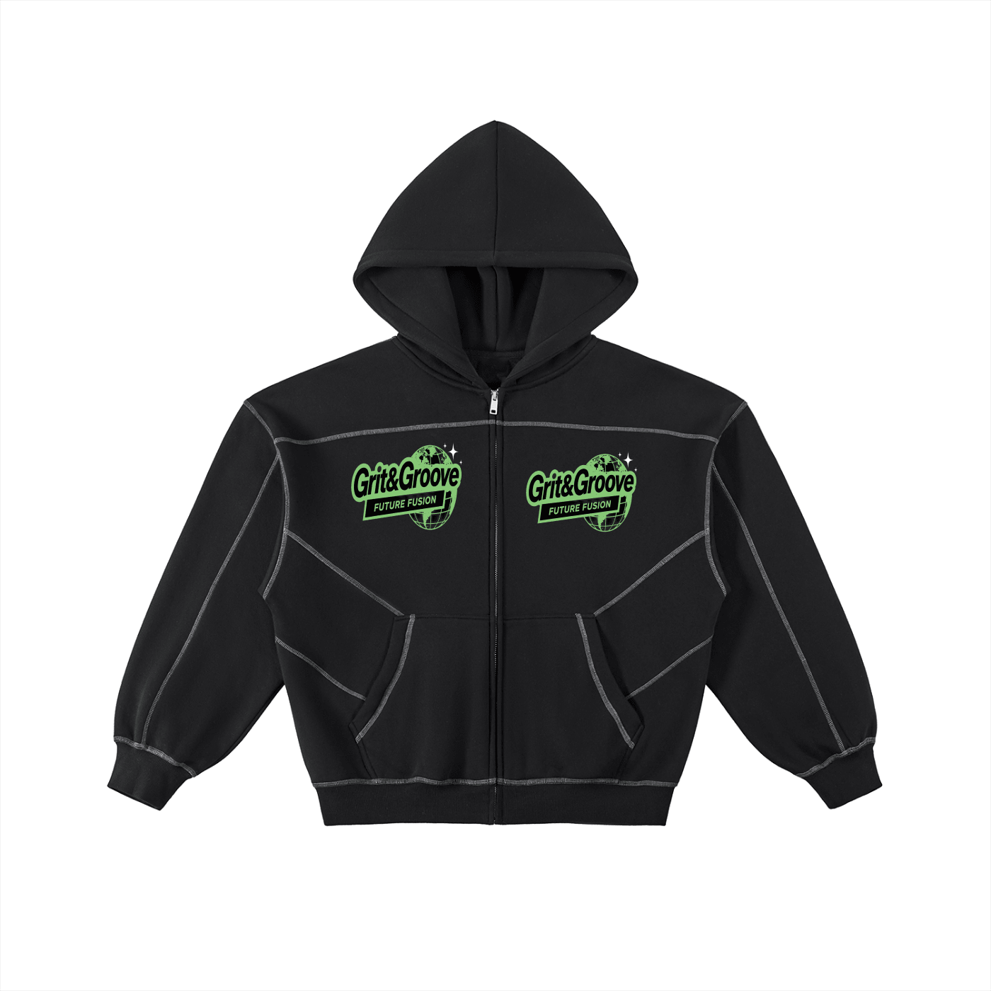Contrast-Stitched Boxy Fleece Zip Hoodie - InkframeContrast-Stitched Boxy Fleece Zip Hoodiei