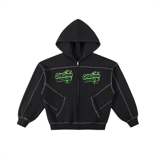 Contrast-Stitched Boxy Fleece Zip Hoodie - InkframeContrast-Stitched Boxy Fleece Zip Hoodiei