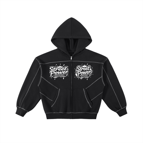 Contrast-Stitched Boxy Fleece Zip Hoodie - InkframeContrast-Stitched Boxy Fleece Zip Hoodiei